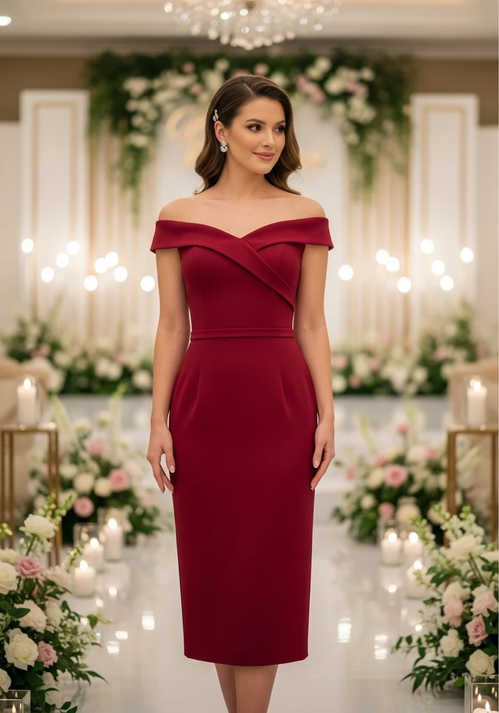 21 Semi Formal Summer Wedding Guest Dresses 9 Woman in sophisticated Off-shoulder Midi dress at an elegant wedding