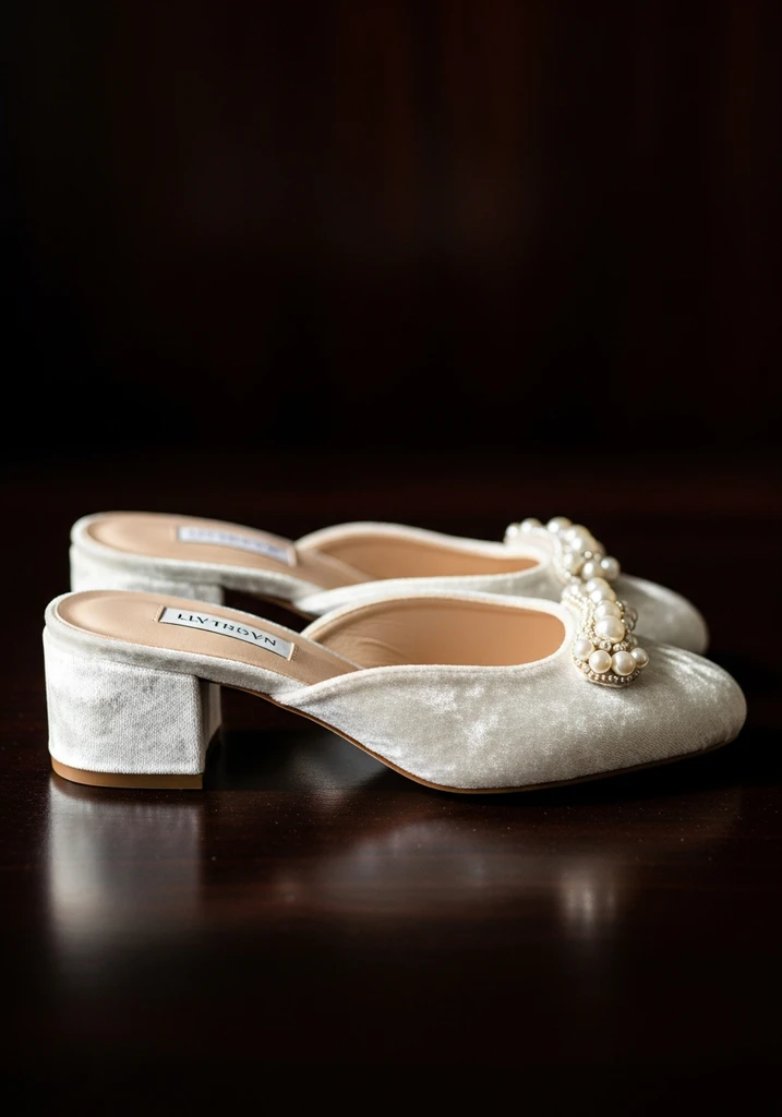 Ivory velvet mules with low block heels