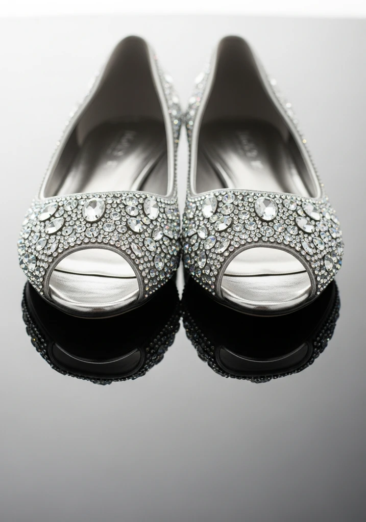Sparkling silver crystal adorned peep-toe flat shoes.
