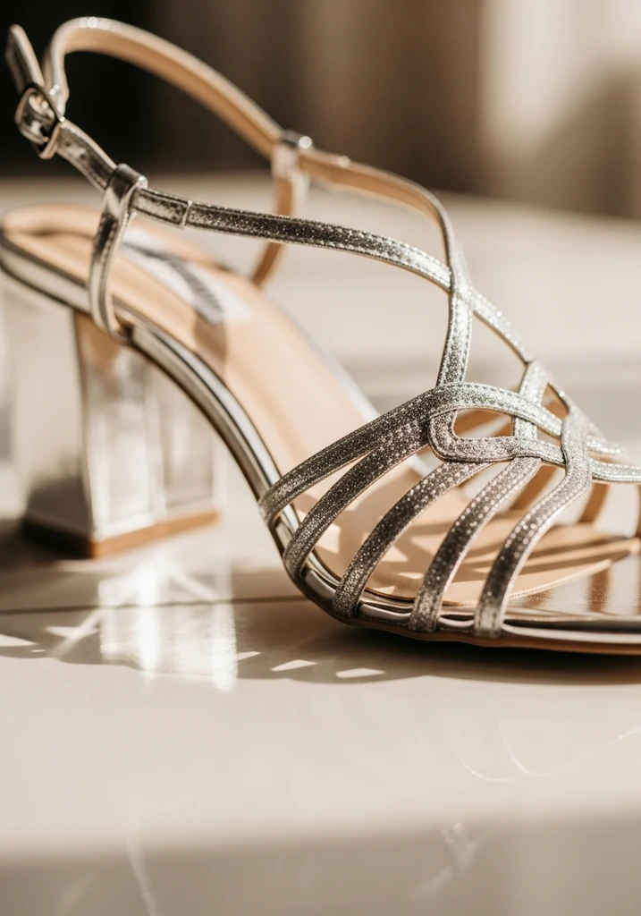 Top Block Heel Wedding Shoes for Comfort and Style 5 Sparkling silver metallic block heel sandals, perfect for a glamorous wedding.