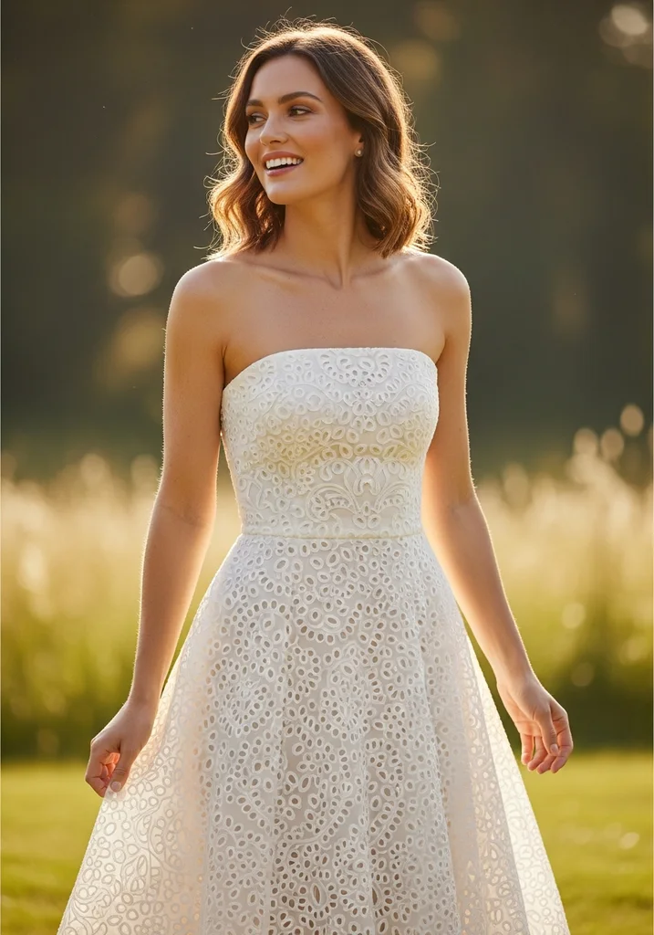 Woman in a charming strapless broderie anglaise A-line dress for a summer outdoor wedding.