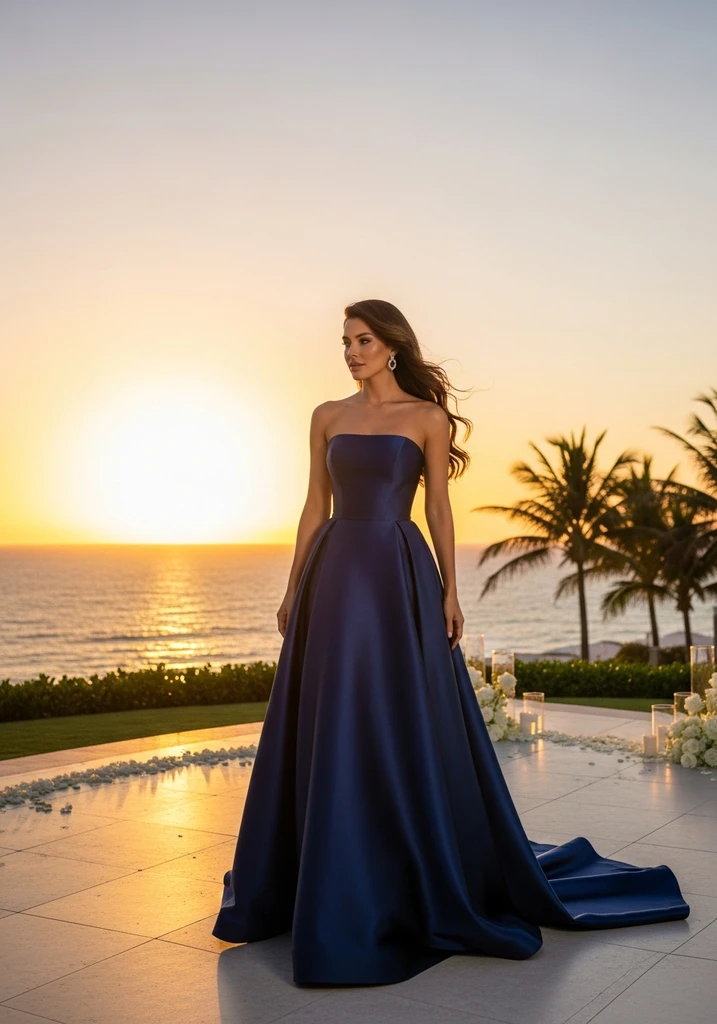 Woman in navy blue Strapless Satin A-line gown on patio