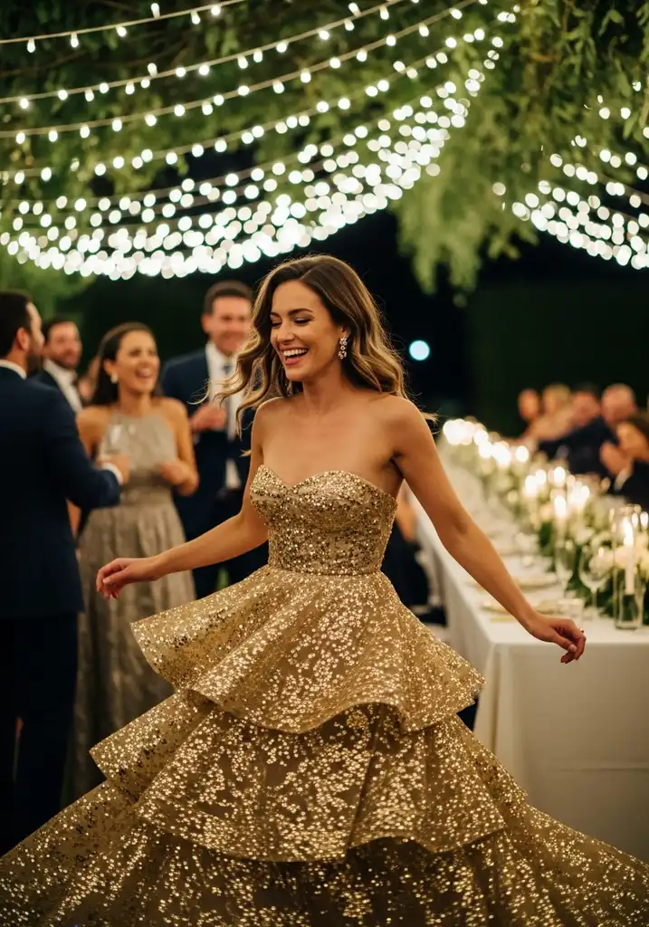 23 Tiered Summer Wedding Guest Dresses for Every Style 14 Gold strapless tiered dress with sequins