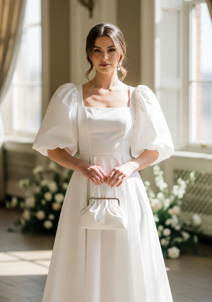21 Chic Cotton Summer Wedding Guest Dresses 12 Woman in a white cotton poplin dress with puff sleeves at a contemporary wedding.
