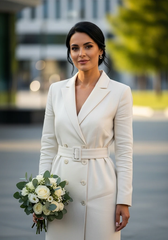 Woman in tailored ivory linen blazer dress in an urban setting