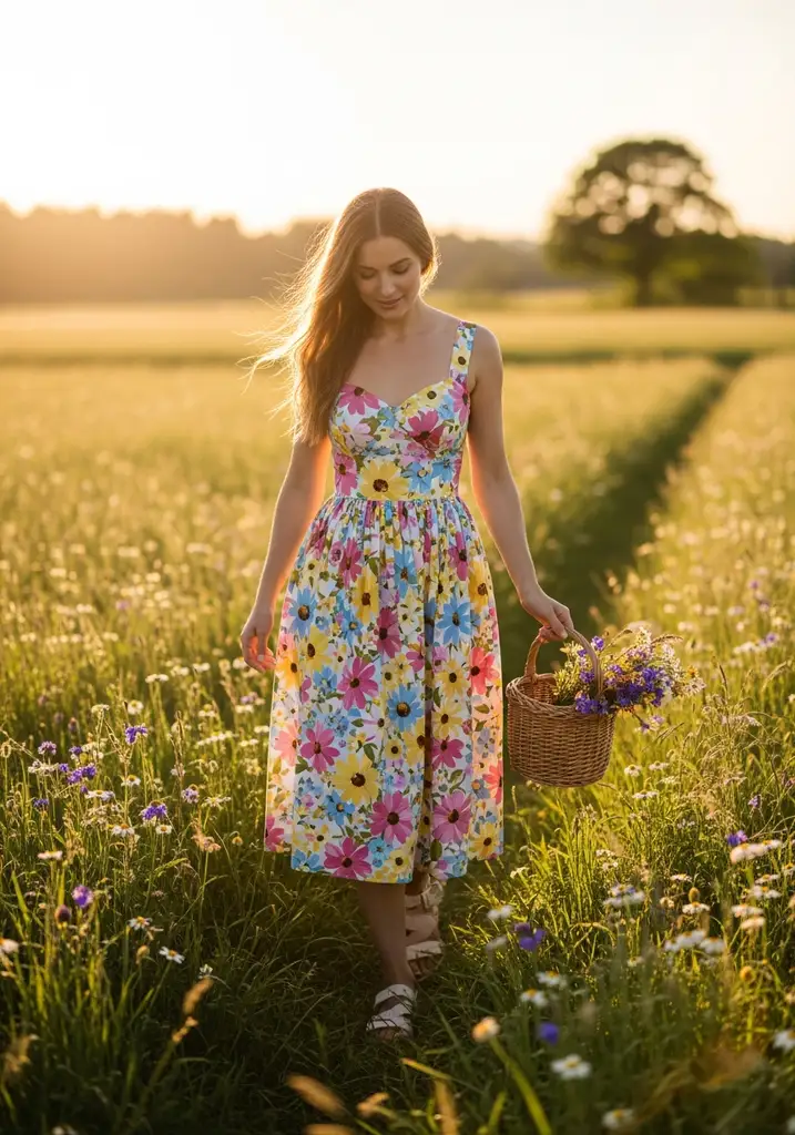 21 Chic Cotton Summer Wedding Guest Dresses 14 Woman in a floral cotton sundress at a cheerful outdoor wedding.
