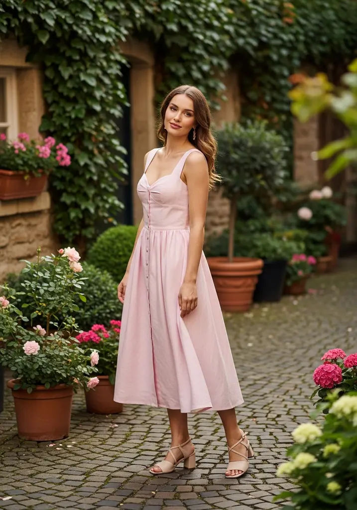 Woman in light pink linen midi dress with Sweetheart neckline in a courtyard