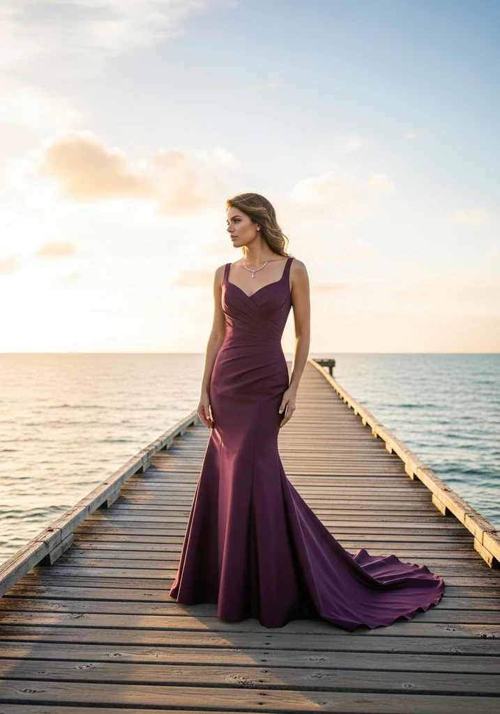 Woman in plum Sweetheart Mermaid dress on pier