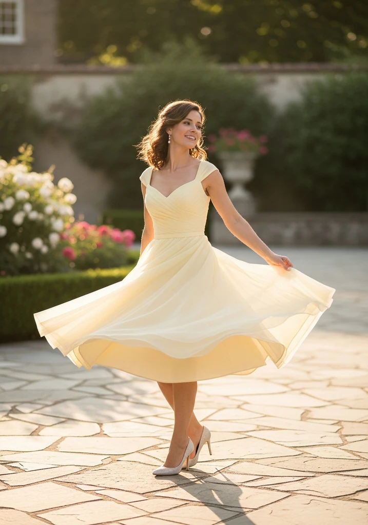 Woman in a pale yellow Sweetheart Tea-length dress for a wedding