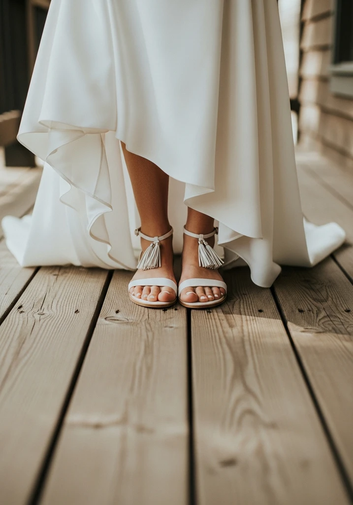 Flat sandals with small tassels on the ankle straps on a bride, adding playful bohemian detail.
