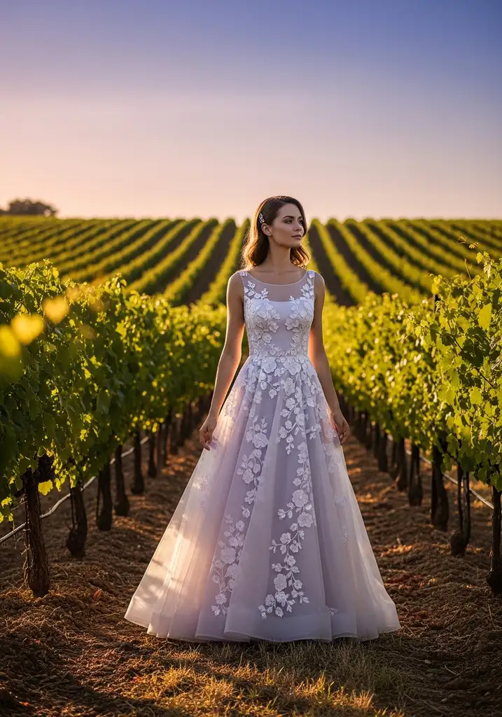 Woman in a lavender A-line dress with floral Appliqué and Scoop neckline.