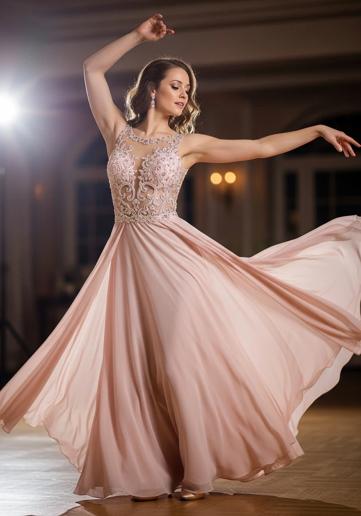 Woman in a blush pink dress with Beaded Illusion bodice and Chiffon skirt.
