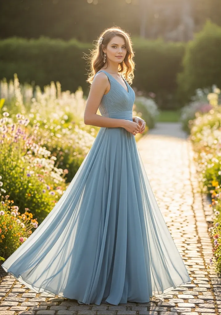 15 Flowy Summer Wedding Guest Dresses for Effortless Style 2 Woman in light blue A-line Chiffon maxi dress in a garden setting, perfect for a summer wedding guest.