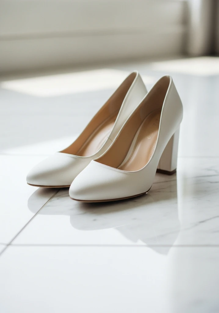 Top 17 Bridal Block Heel Shoes for Your Wedding Day 2 Classic ivory satin block heel pumps on a white marble floor.