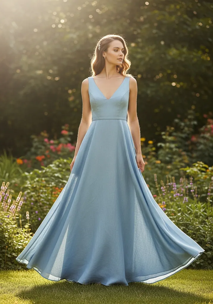 Woman in light blue linen A-line V-neck maxi dress at a garden wedding