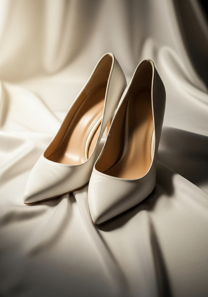 Close up of elegant white satin stiletto pumps with pointed toes
