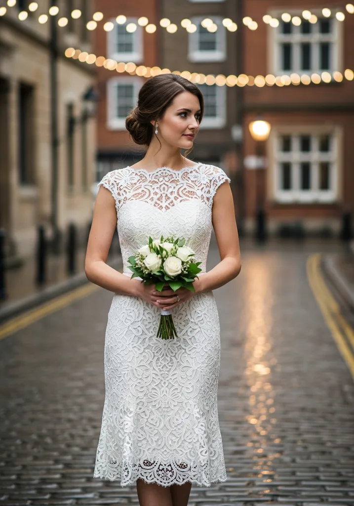 Woman in a white Lace Sheath dress with Bateau neckline.