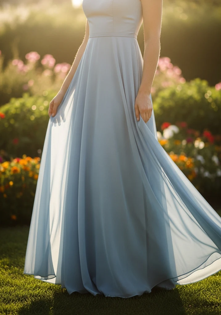 Woman wearing a light blue Chiffon A-line dress for a summer wedding