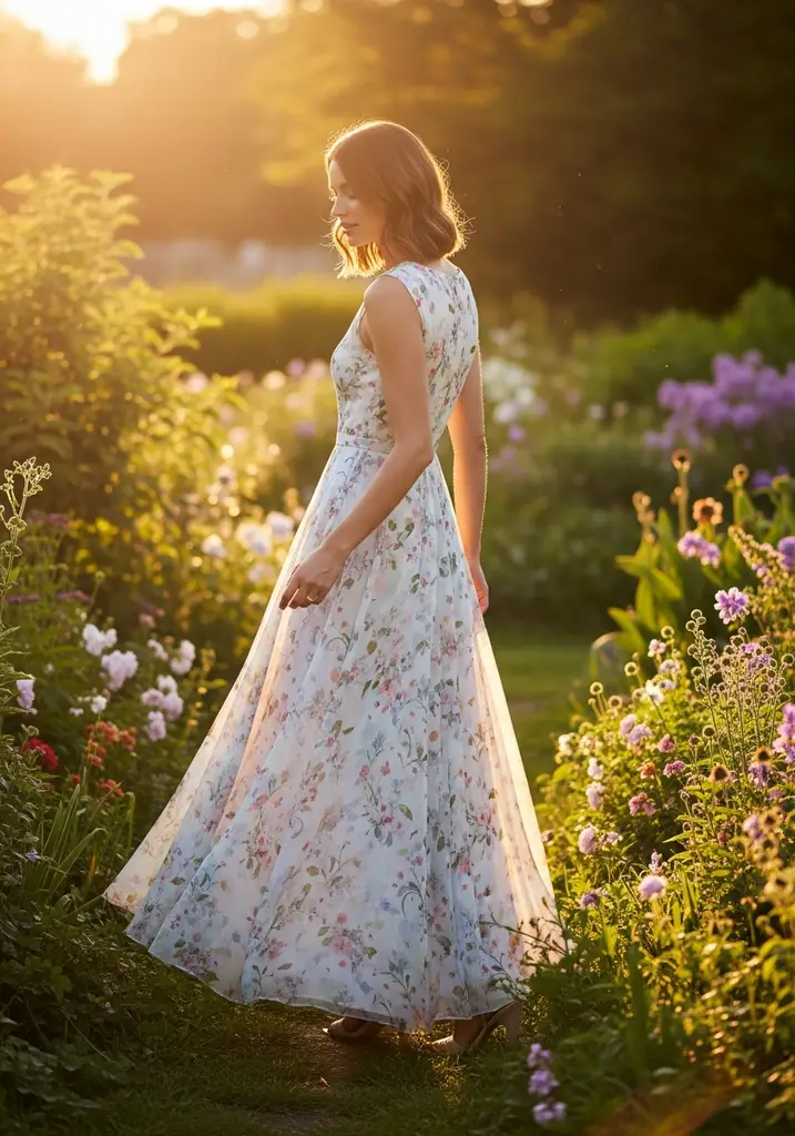 21 Semi Formal Summer Wedding Guest Dresses 2 Woman in elegant floral A-line Chiffon dress at a garden wedding