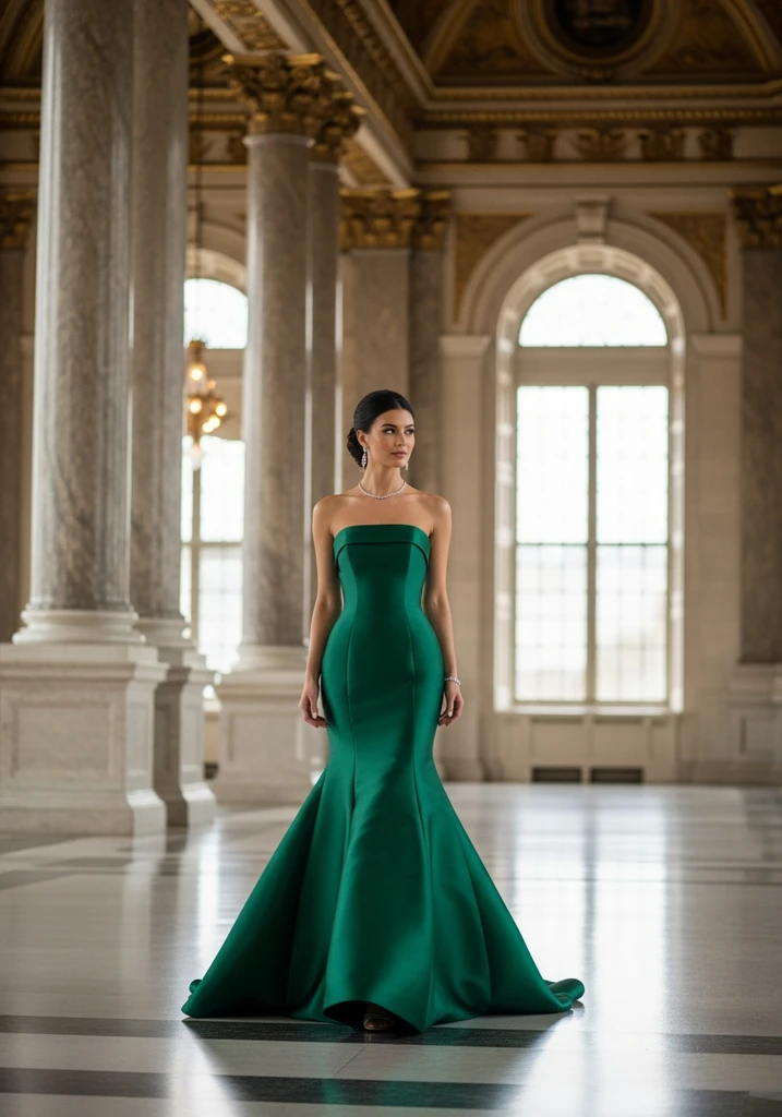 Woman in an emerald green Satin Trumpet dress, Strapless.