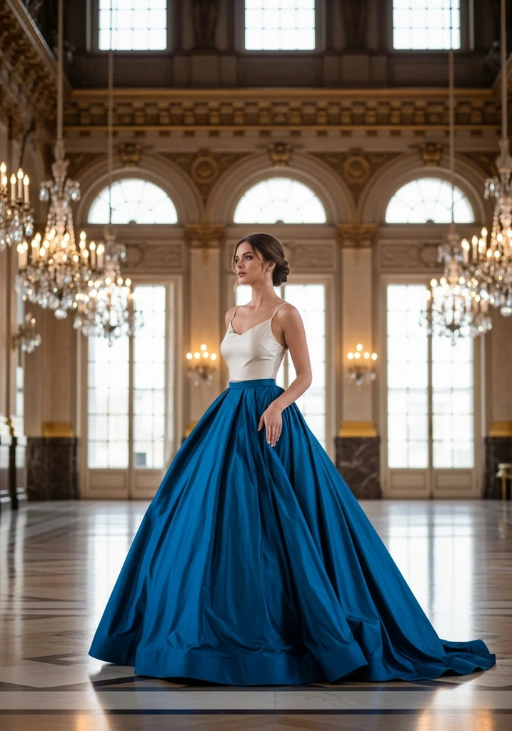 Woman in a blue Taffeta Ball gown skirt and Silk camisole.