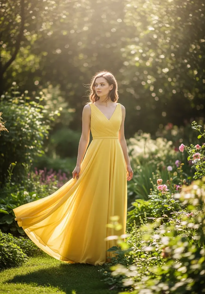 Woman in a radiant yellow Chiffon A-line dress with a V-neck for a summer wedding.