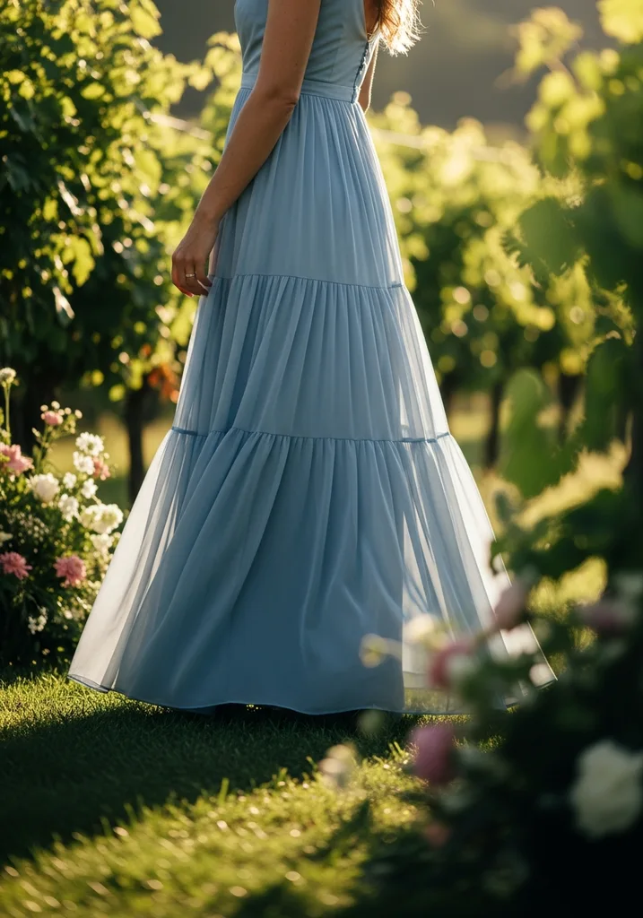 23 Tiered Summer Wedding Guest Dresses for Every Style 2 Woman in light blue chiffon tiered maxi dress at a summer wedding