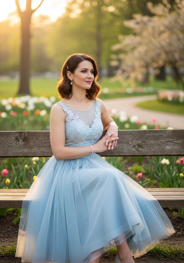 Woman in a light blue Tulle Tea-length dress with a Scoop neckline.