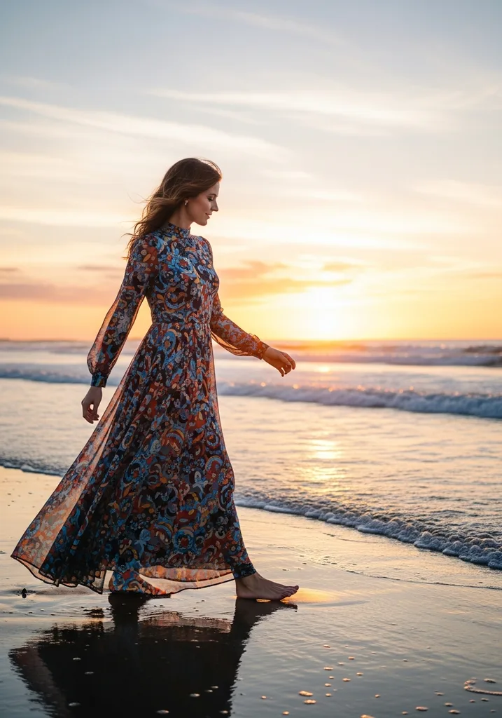 Woman in a Printed Chiffon Maxi dress with a high neckline on a beach.