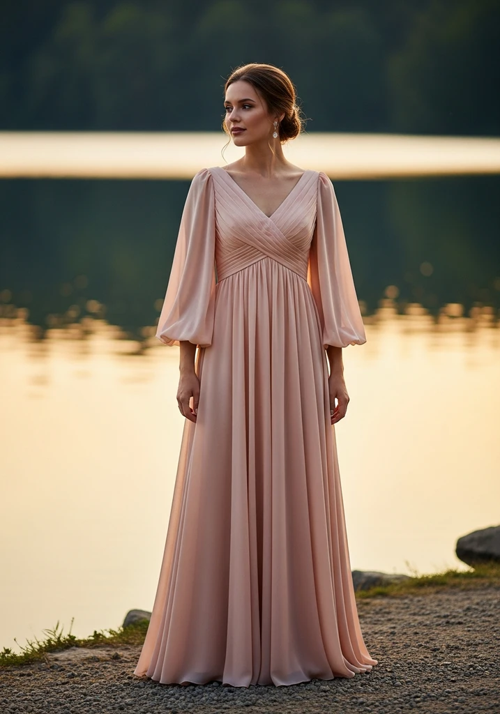 Woman in a soft peach Chiffon Empire waist dress by a lake.