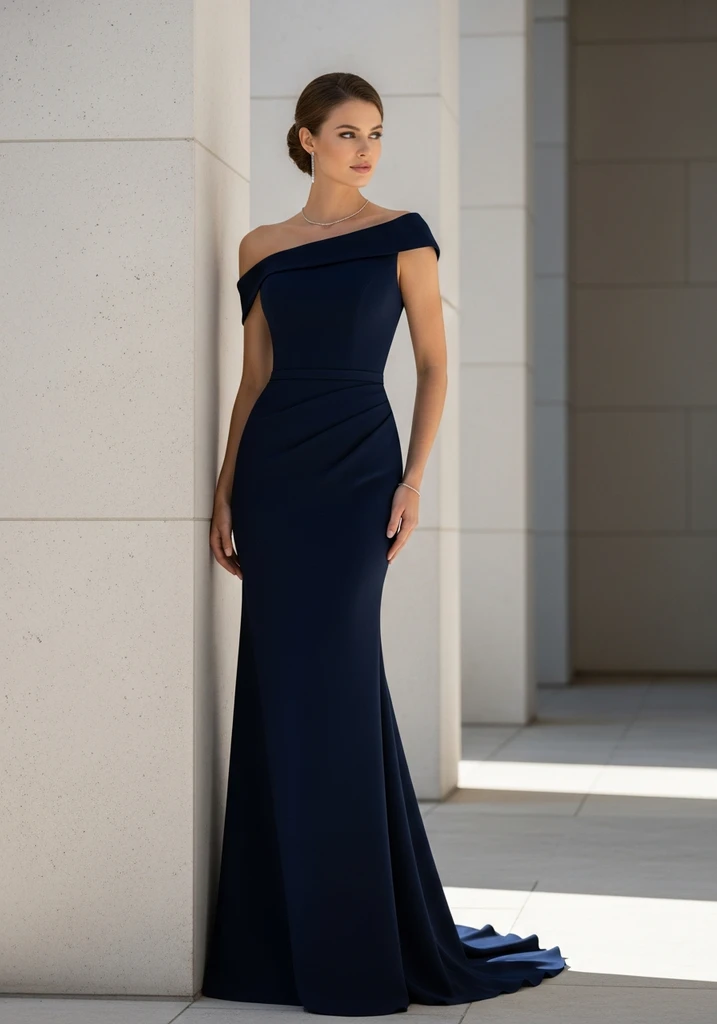 Woman in a sleek navy Crepe Column gown with Off-shoulder detail.