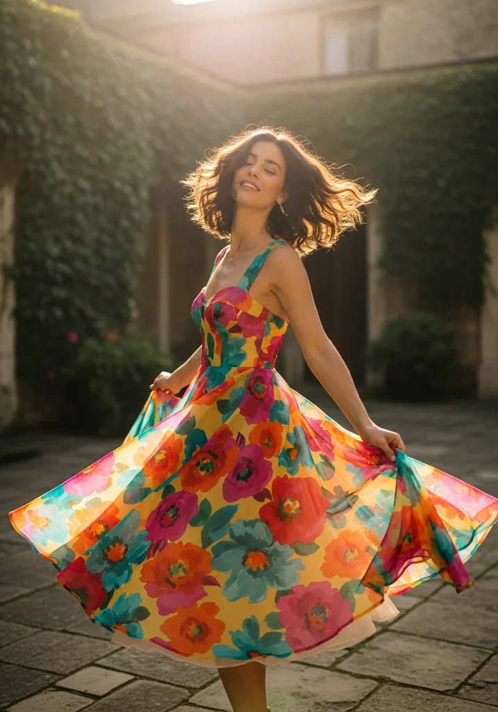 Woman in a vibrant floral Organza midi dress with Sweetheart neckline.