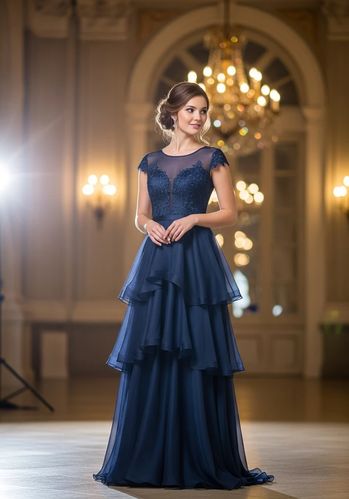 23 Tiered Summer Wedding Guest Dresses for Every Style 8 Navy blue tiered dress with illusion neckline