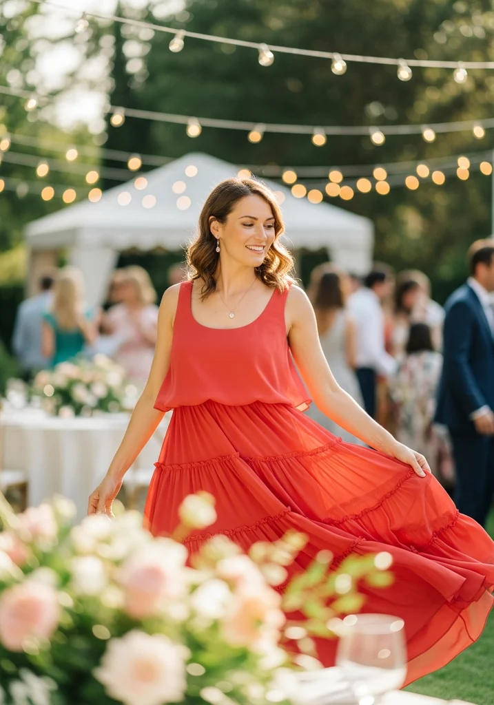 Woman in a vibrant tiered ruffle chiffon dress with scoop neckline for a lively summer wedding.
