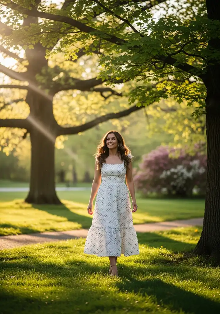 Woman in a white tiered skirt midi dress for a summer wedding