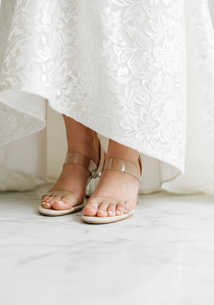 Transparent strap sandals with a small block heel on a bride, offering a modern, minimalist look.