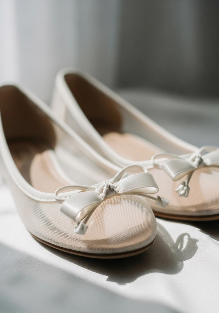 Ivory ballet flats with ethereal tulle overlay and a small bow, perfect for a romantic wedding.