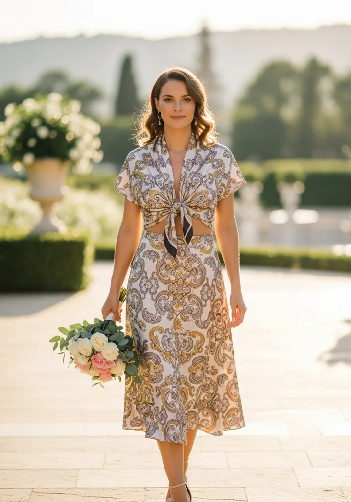 15 Scarf Detail Summer Wedding Guest Dresses 15 Woman in patterned two-piece co-ord with scarf top
