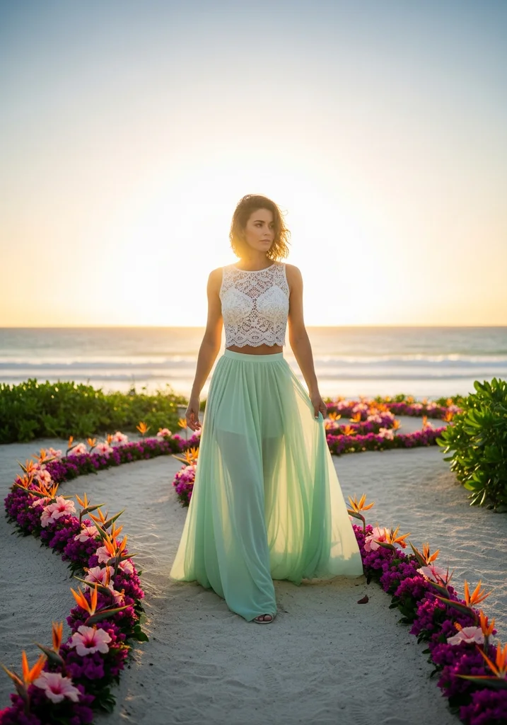 Woman in Lace crop top and Chiffon maxi skirt on beach path
