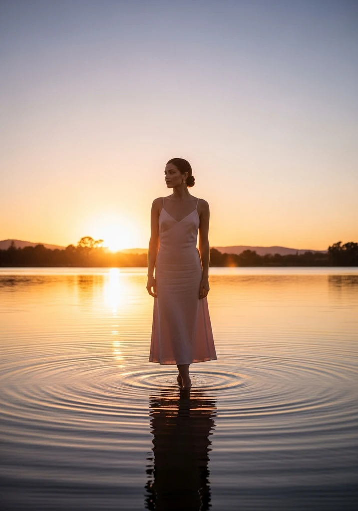 Woman in soft peach linen slip midi dress by a lake at sunset
