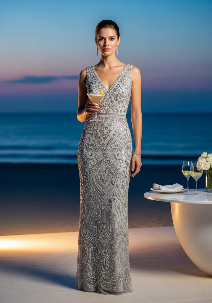 Woman in silver V-neck Column dress with Beading