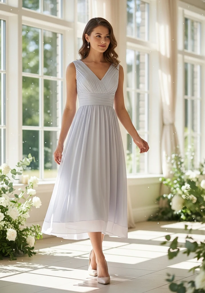 Woman in a V-neck empire waist midi dress, flattering and comfortable for summer weddings.