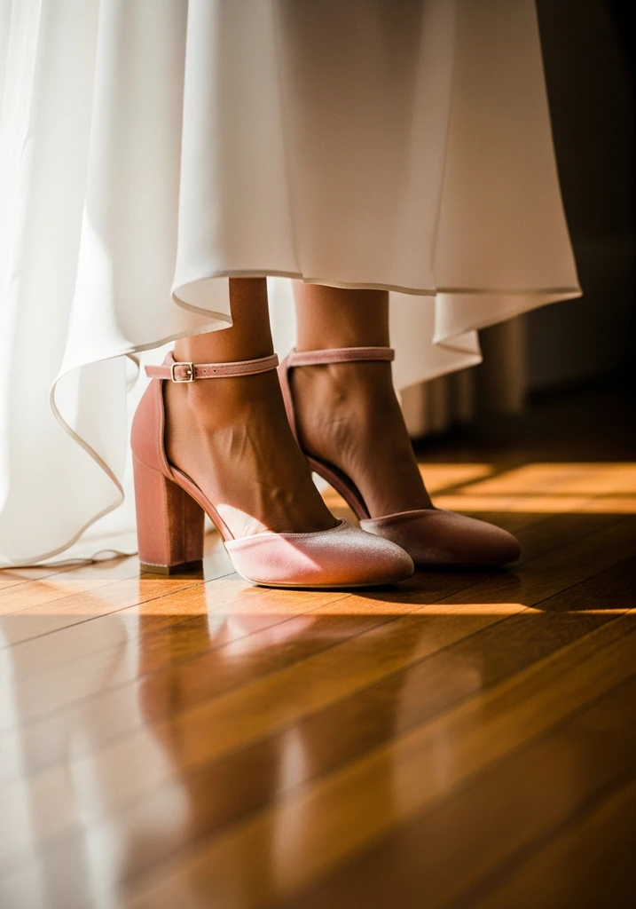 Blush velvet block heels on a bride, providing a luxurious texture and stable comfort.