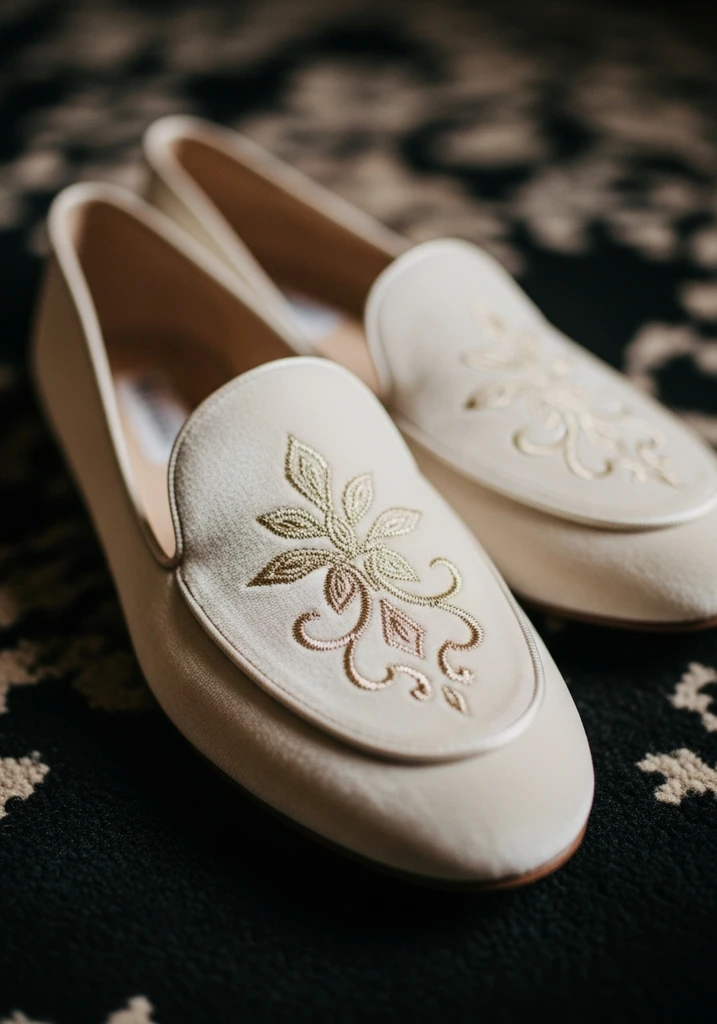 Ivory velvet smoking slipper flats with gold embroidery, a luxurious and distinctive bridal choice.