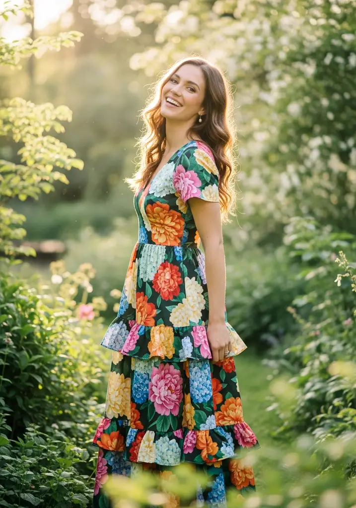 23 Tiered Summer Wedding Guest Dresses for Every Style 5 Woman in vibrant floral print tiered Empire dress