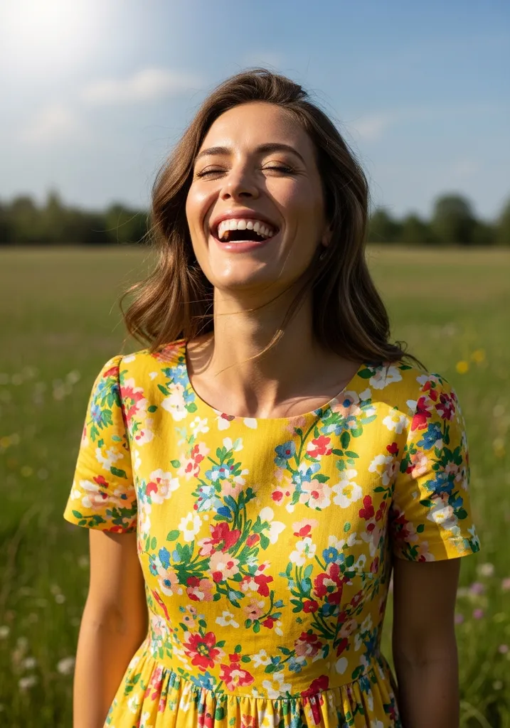 Woman in bright yellow linen A-line dress with colorful floral print in a field