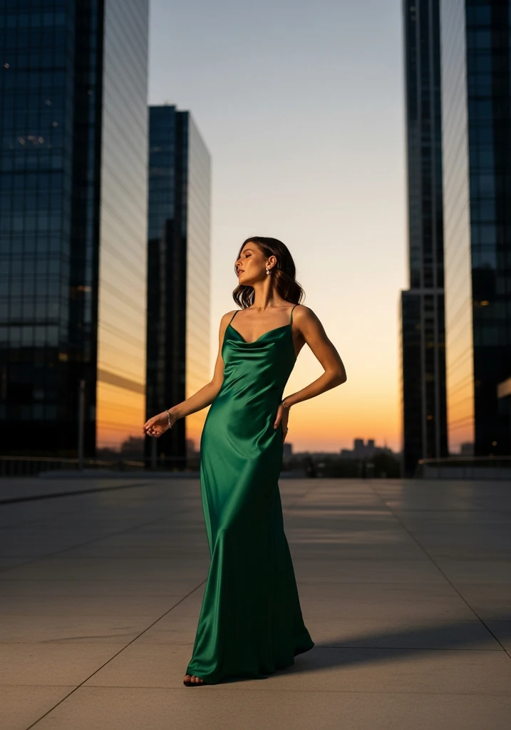 Woman in an emerald green Satin slip dress for an evening wedding