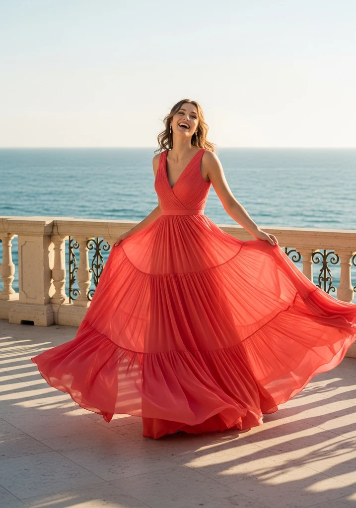 15 Flowy Summer Wedding Guest Dresses for Effortless Style 9 Woman in vibrant coral Tiered Chiffon gown dancing on a terrace, perfect for a lively summer wedding.