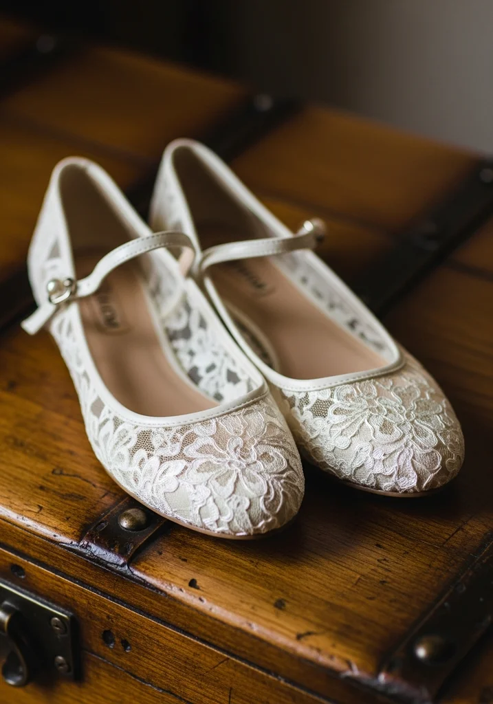 Vintage inspired ivory lace Mary Jane flats.