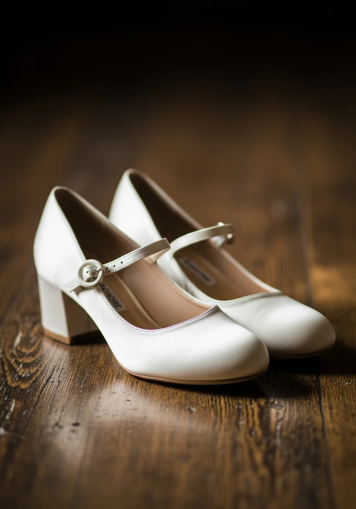 Ivory satin Mary Jane shoes with a low block heel